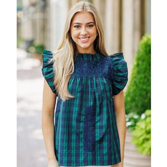 J.Marie Joyce Embroidered Ruffle Neck Cap Sleeve Plaid Top - Picture 1 of 12
